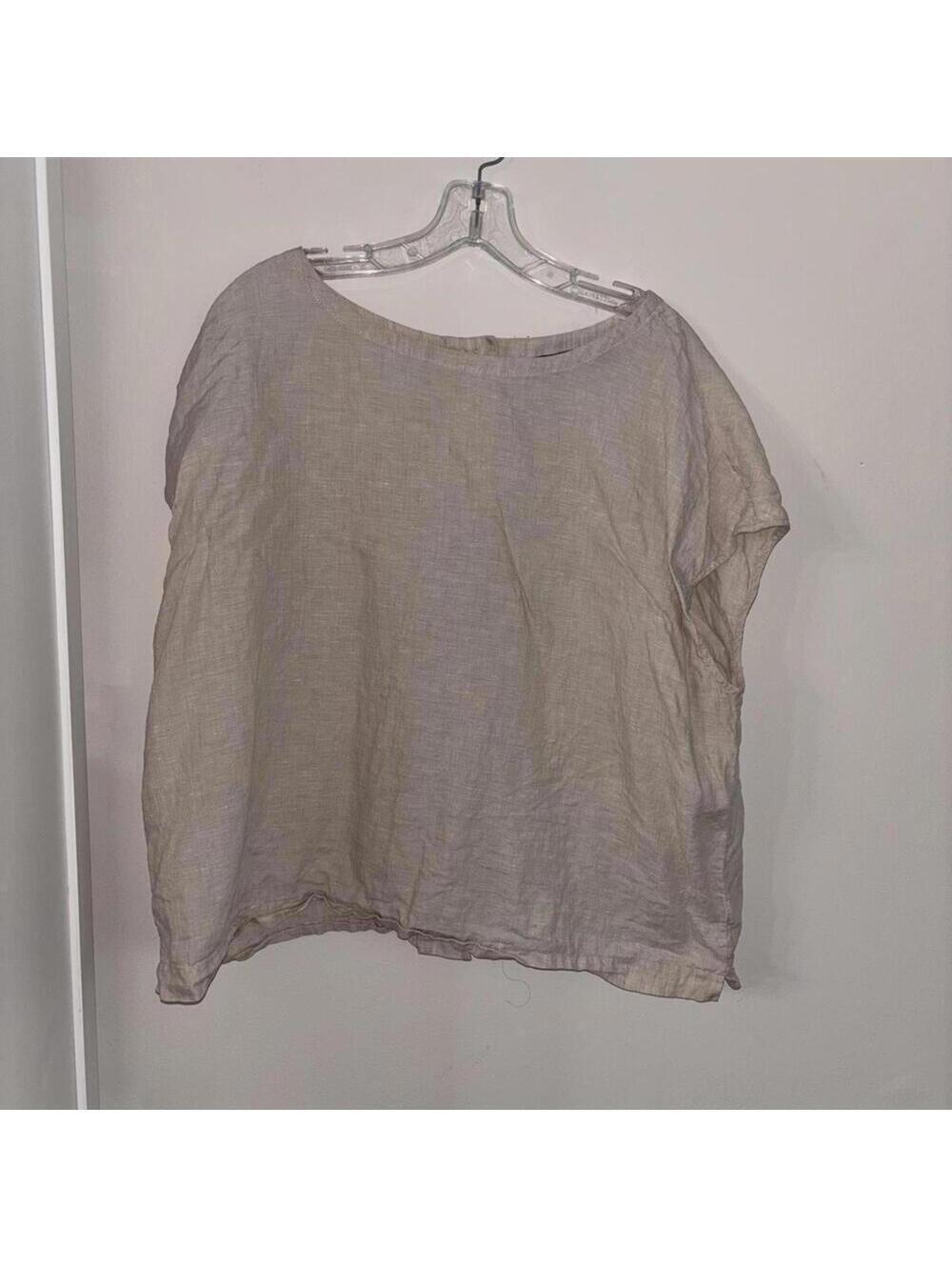 Antibes Blanc Tan Cap Sleeve 100% Linen Neutral Boxy Blouse Shirt Coastal